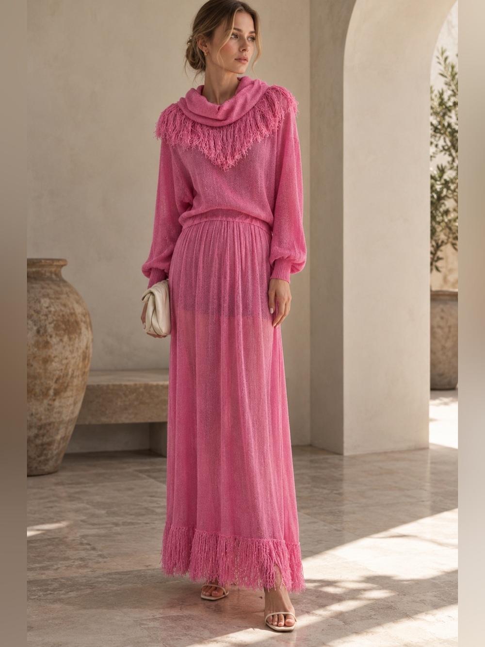 Vintage Pink Fringe Maxi Dress